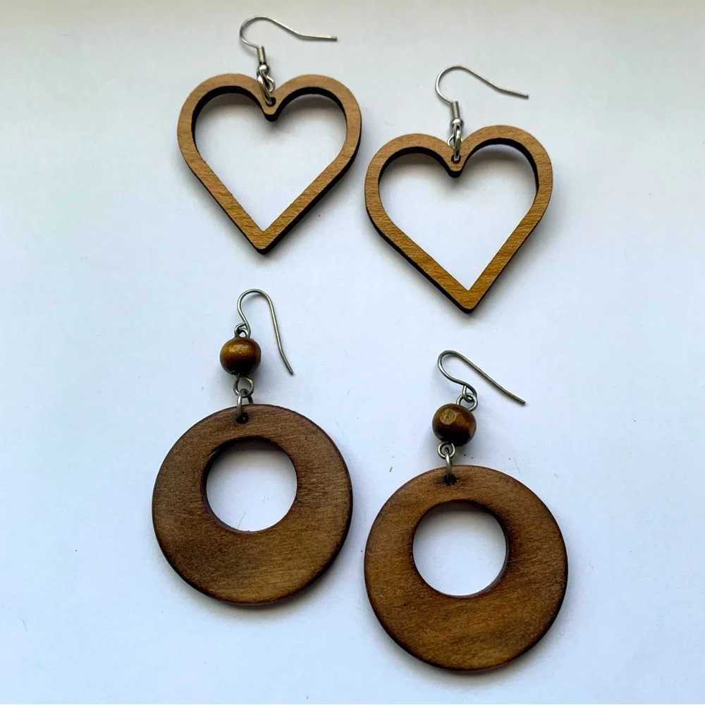 Brown Wood Earrings with Heart and Circle Designs
